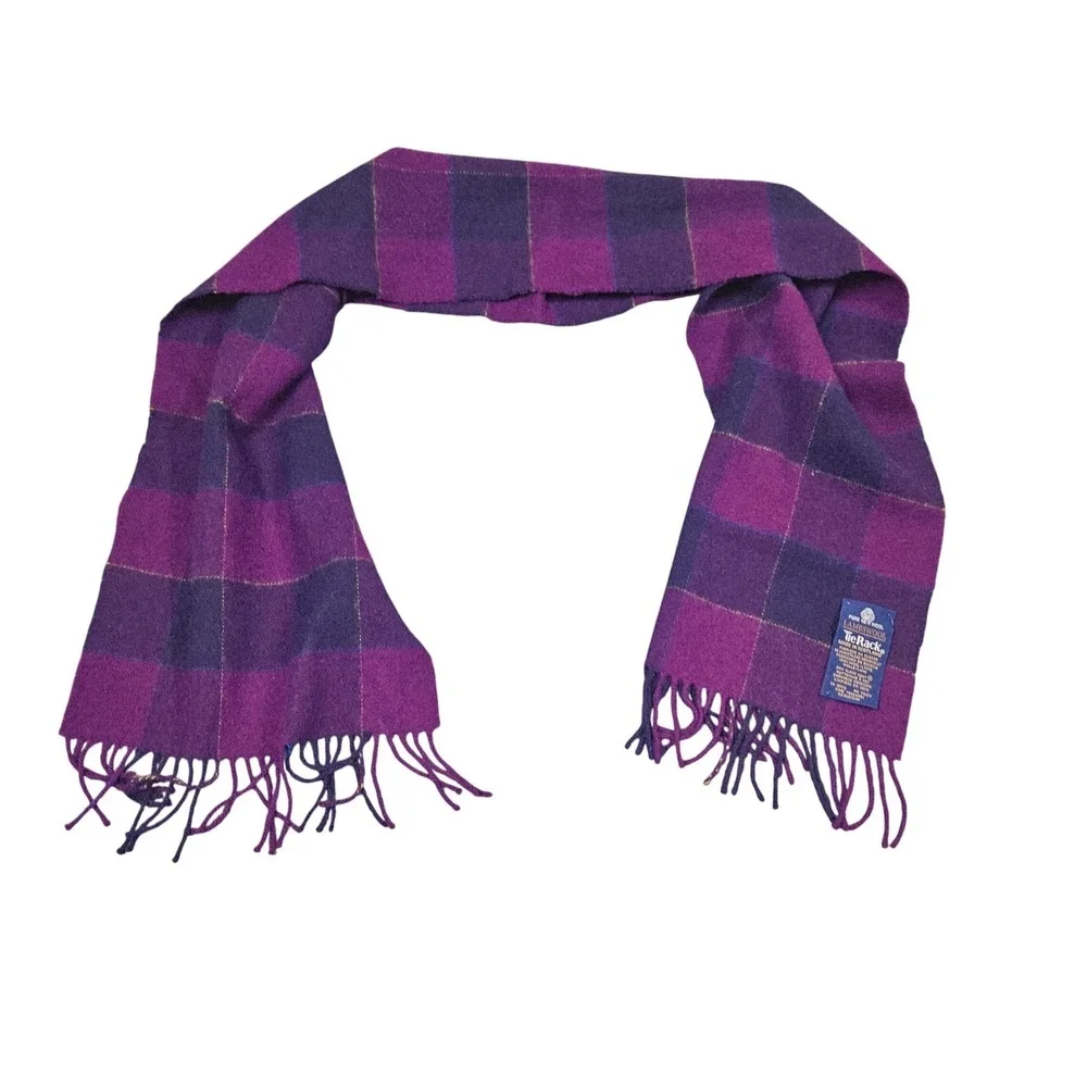 Vintage Tie Rack Scarf Purple Plaid Lambswool Scotland Fringed Winter Classic